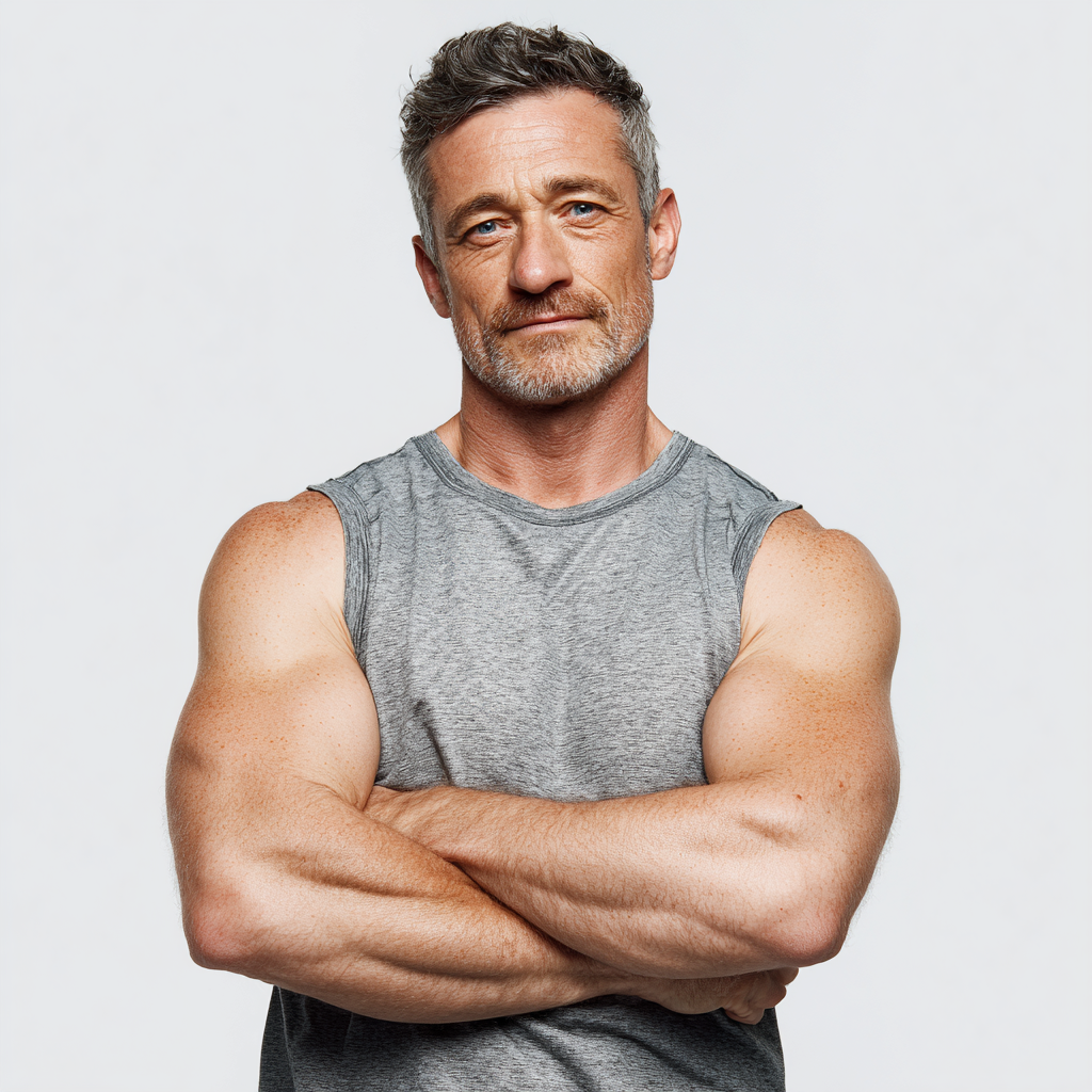 Smiling elderly European man reading on tablet, looking motivated and energetic in comfortable home environment